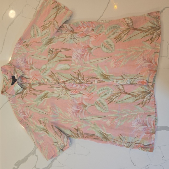 Linen Tropical Floral Short Sleeve Button Down Shirt Womens Large Pink Green - Picture 3 of 6